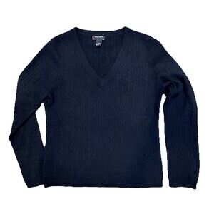 Red Moon Cashmere Cable Knit V-Neck Sweater Women's L Black Preppy Old Money